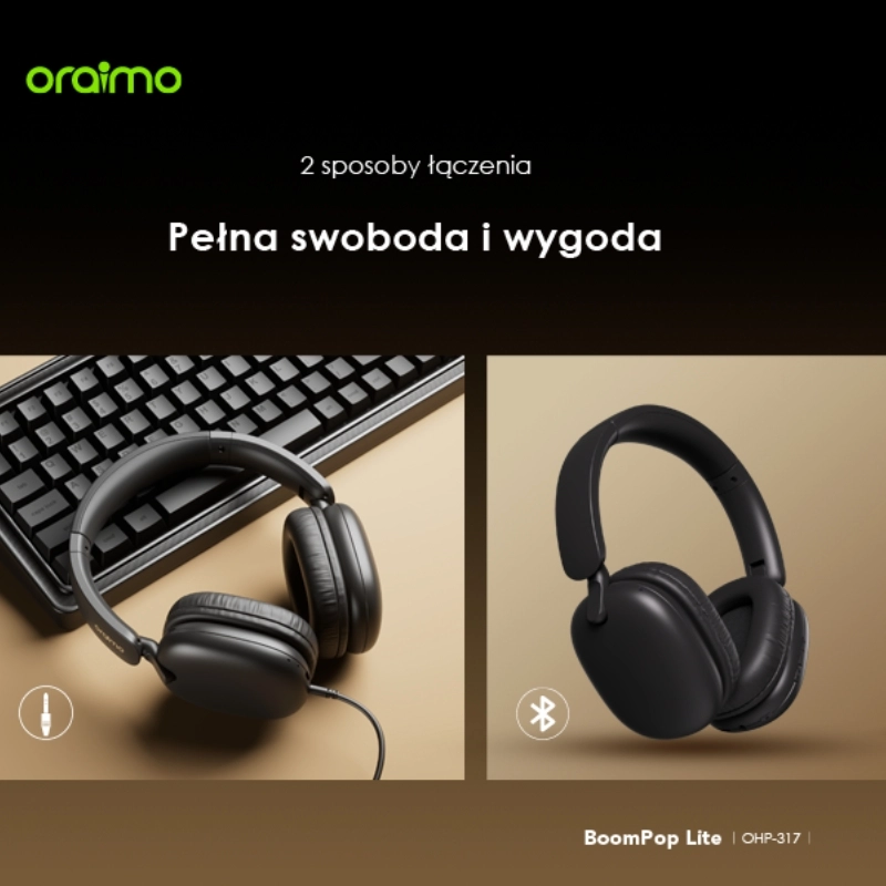 Dwa sposoby polaczenia oraimo bezprzewodowe sluchawki nauszne BoomPop